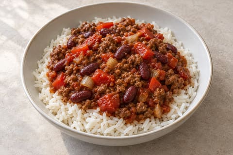 Beef and bean chilli with rice — finished-dish illustration