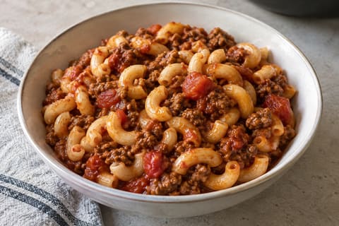 Beef and tomato macaroni — finished-dish illustration