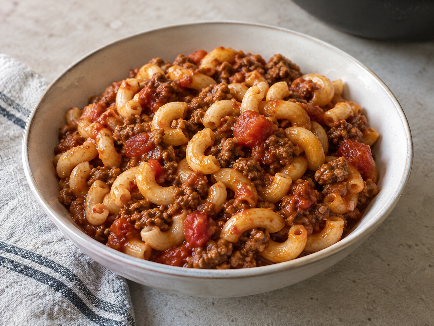 Beef and tomato macaroni — finished-dish illustration