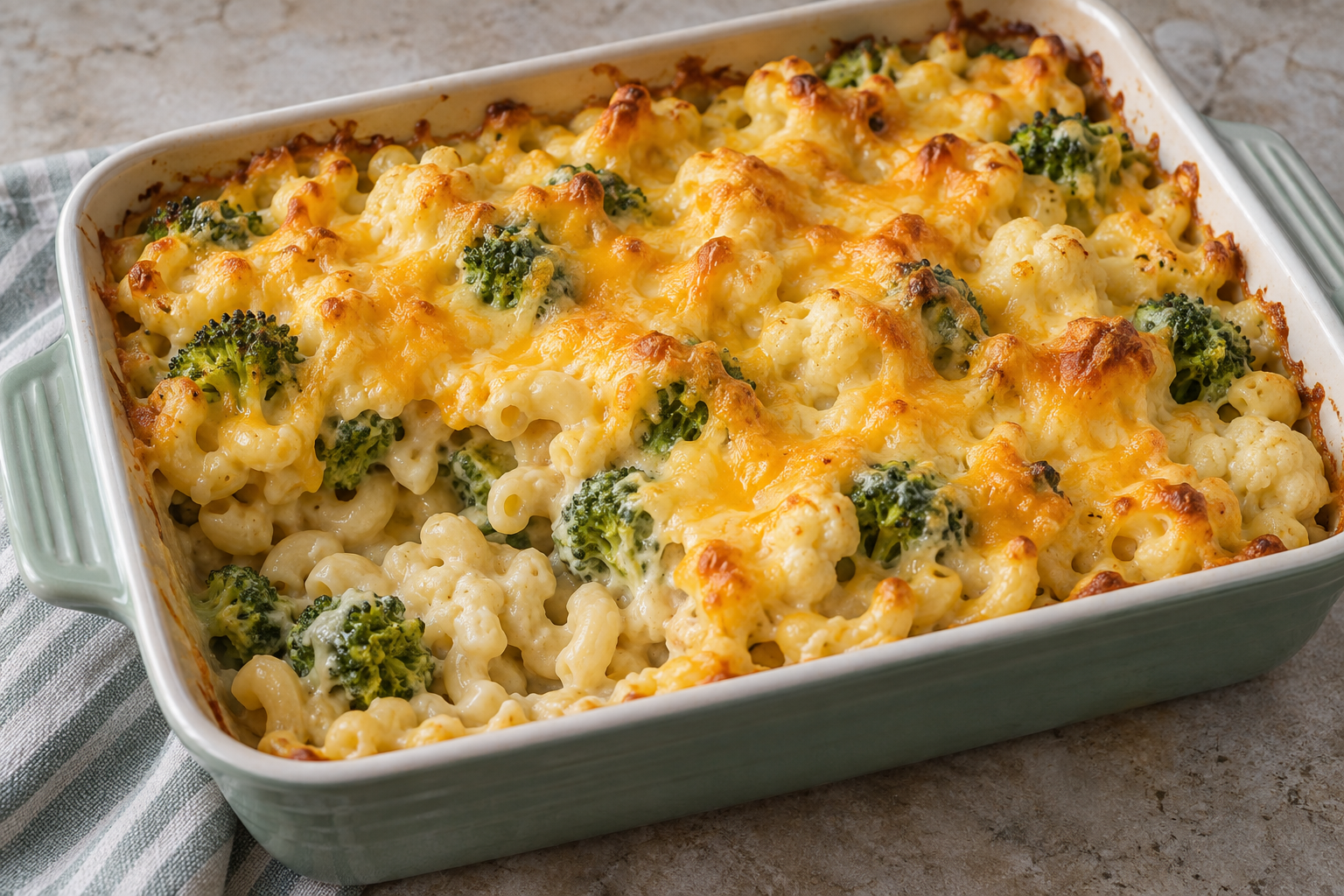 Broccoli and cauliflower macaroni bake — finished-dish illustration