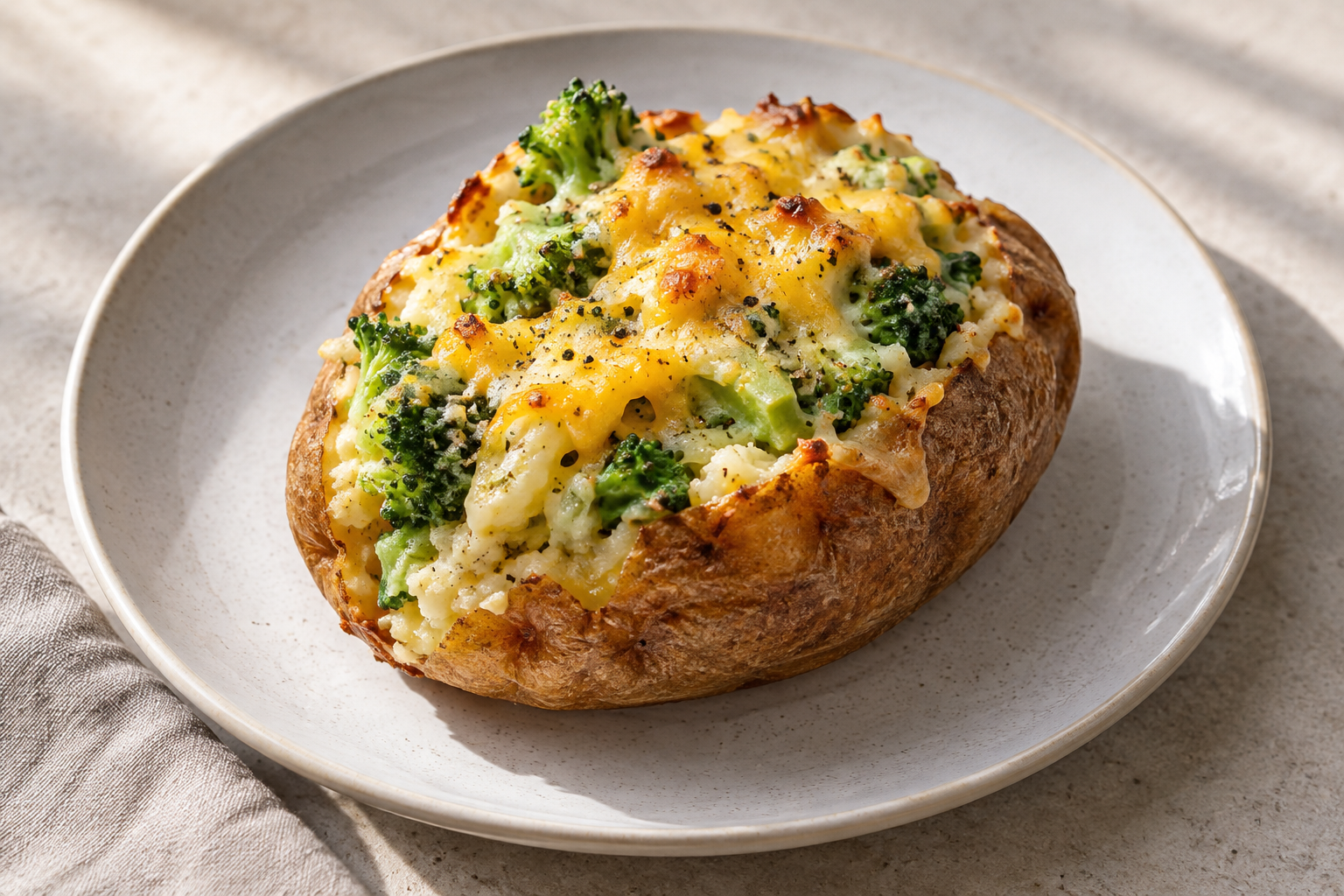 Broccoli and Cheddar jacket potatoes — finished-dish illustration