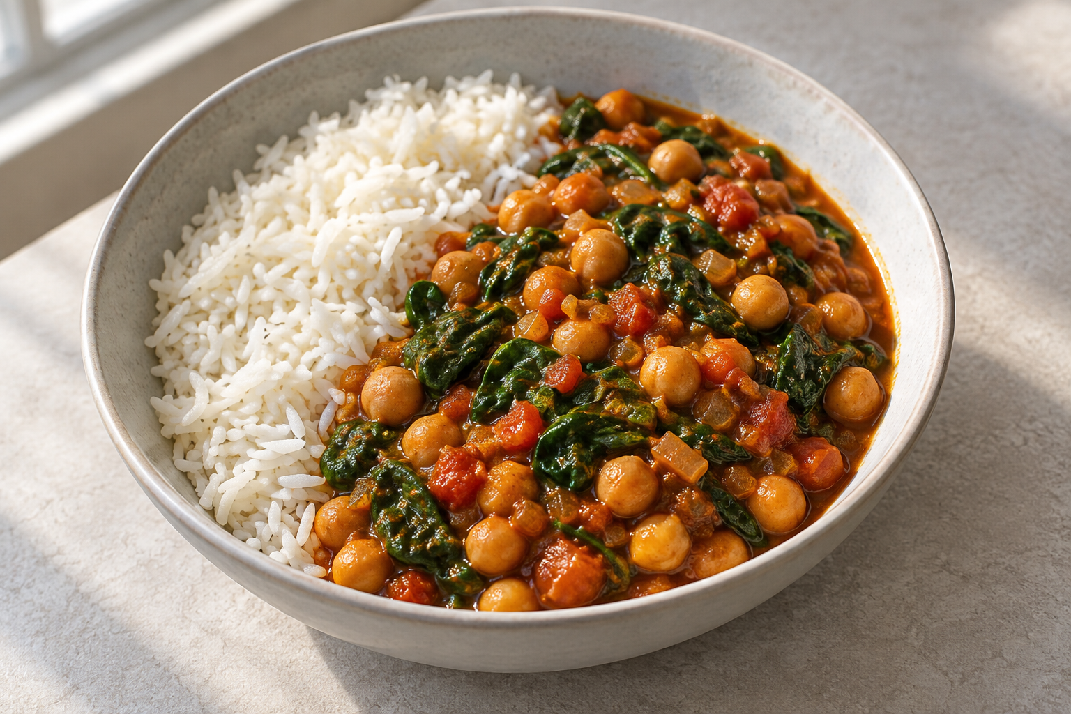 Chickpea and spinach curry with rice — finished-dish illustration