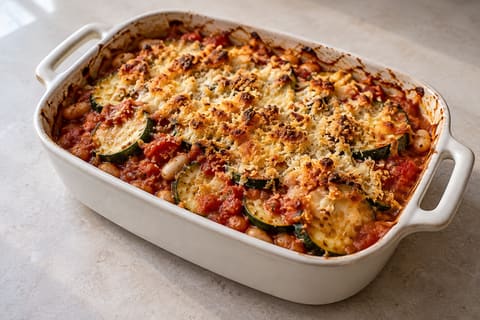 Courgette and tomato gratin — finished-dish illustration