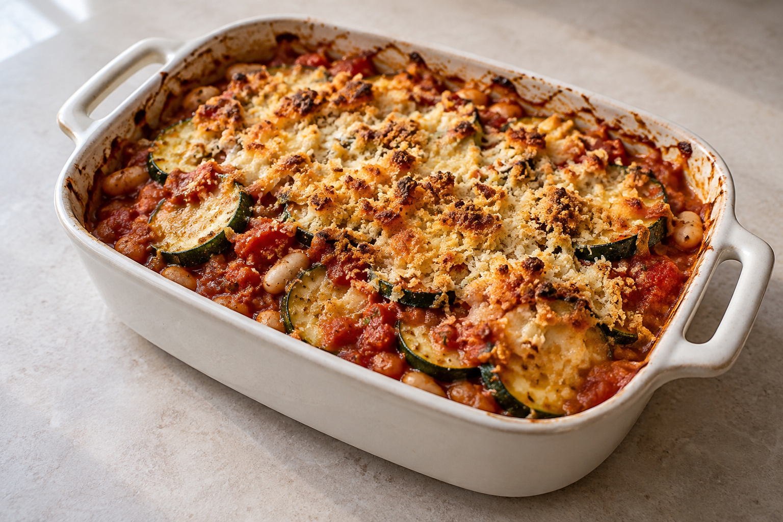 Courgette and tomato gratin — finished-dish illustration