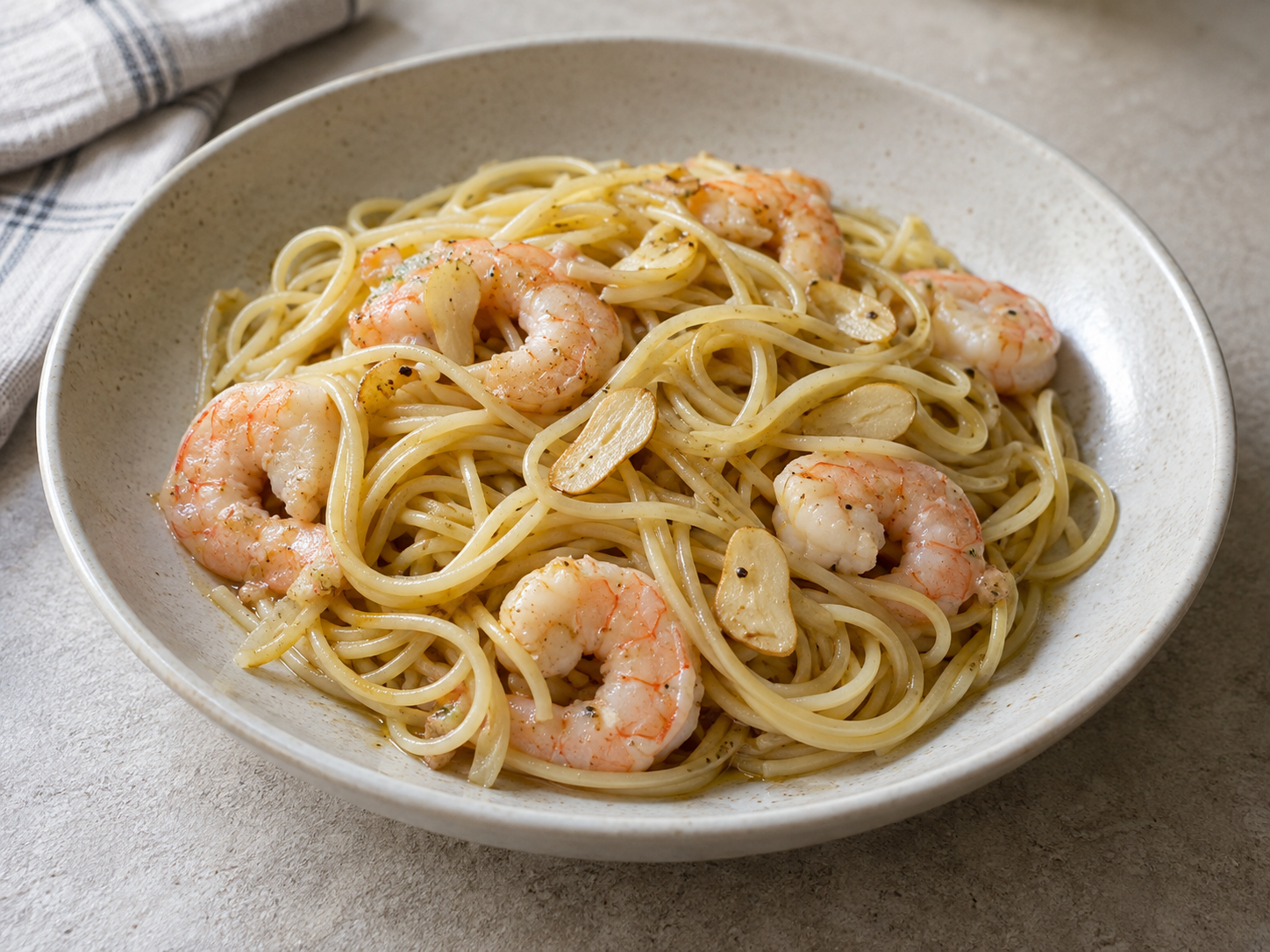 Garlic prawn spaghetti — finished-dish illustration