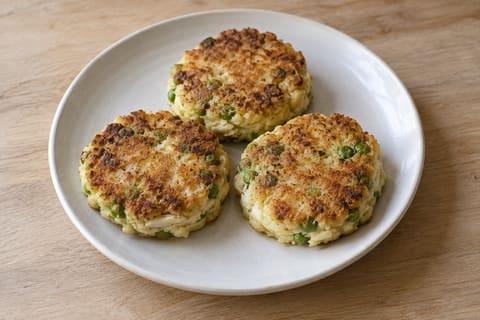 Leftover chicken, pea and potato cakes — finished-dish illustration