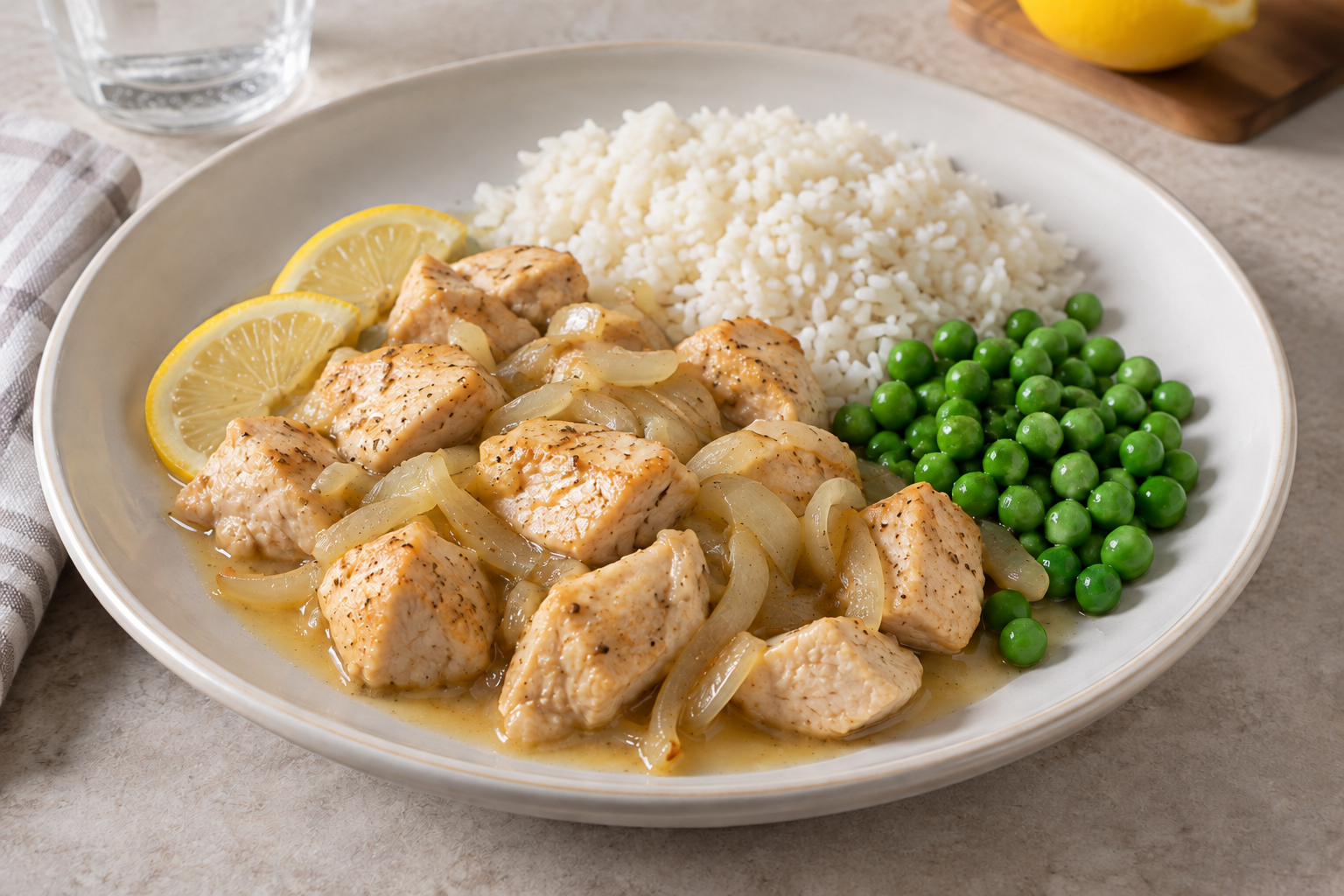 Lemon chicken, rice and peas — finished-dish illustration