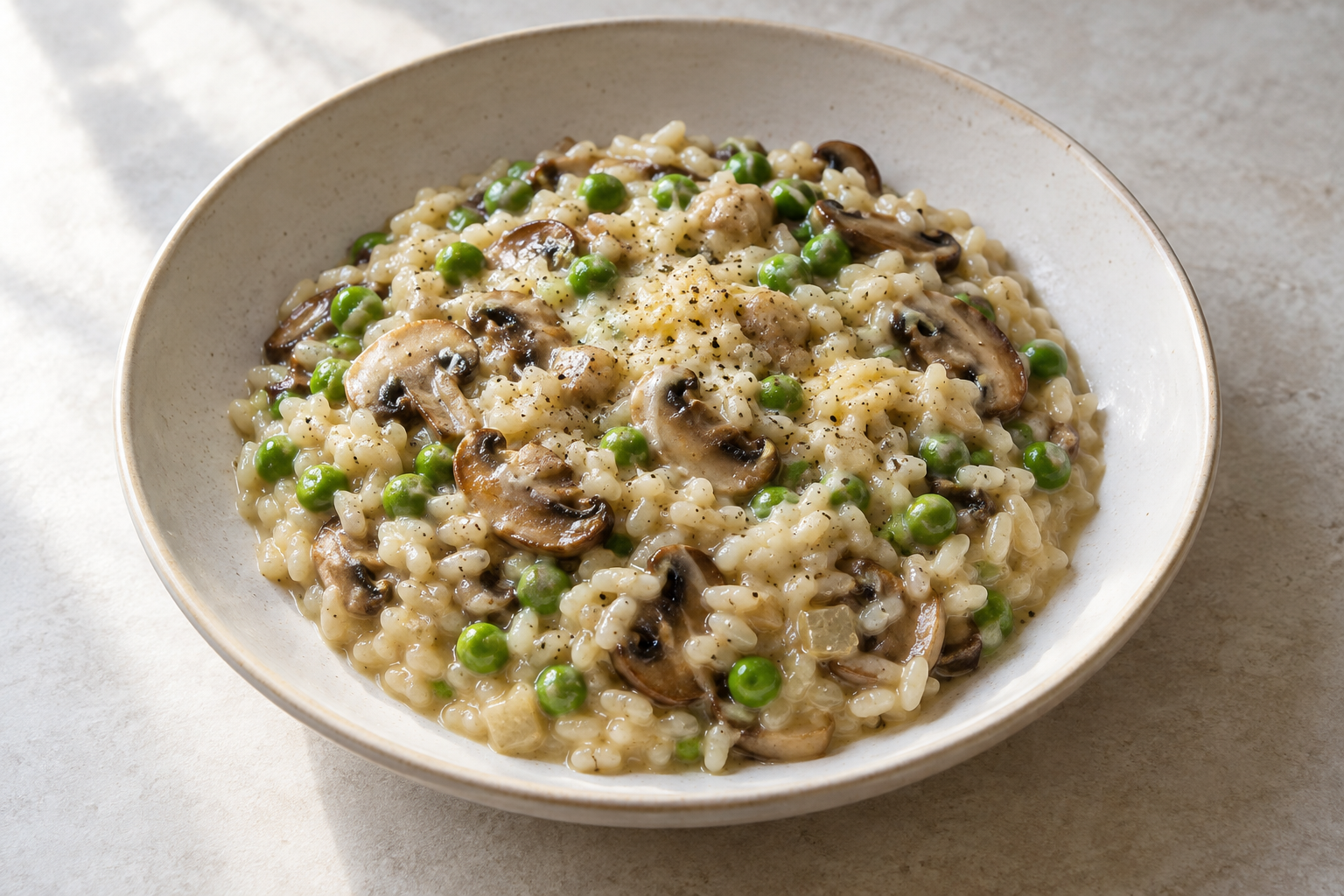 Mushroom and pea risotto — finished-dish illustration
