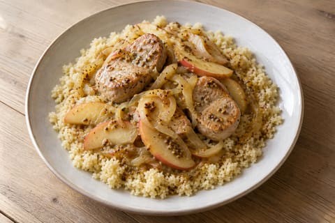 Pork, apple and mustard pan — finished-dish illustration