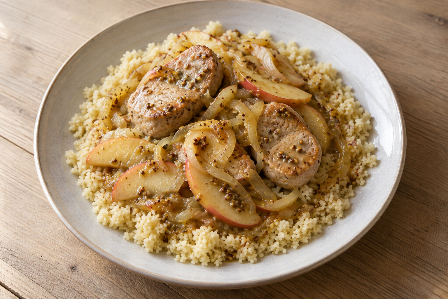 Pork, apple and mustard pan — finished-dish illustration