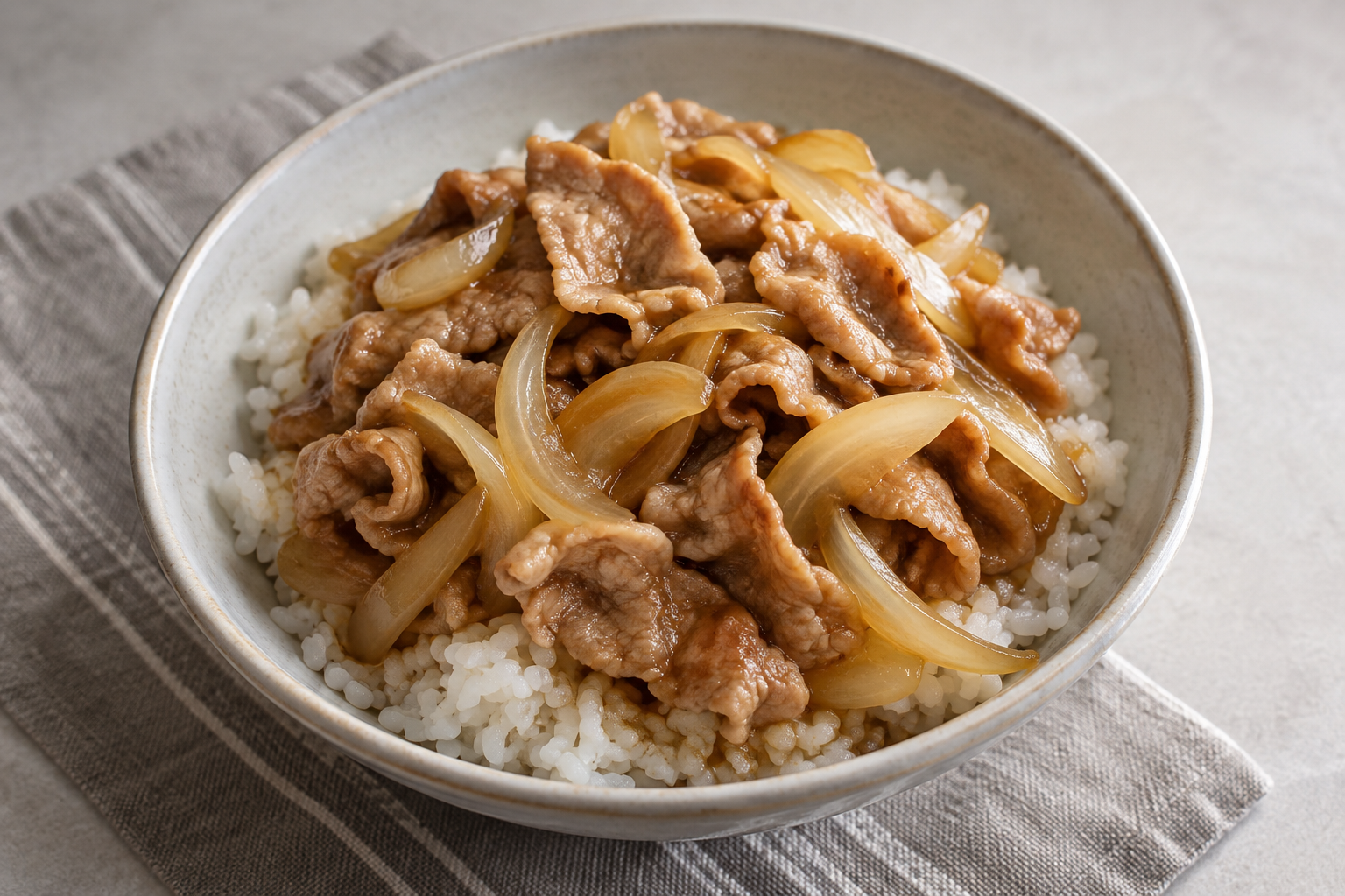 Pork and onion rice plate — finished-dish illustration