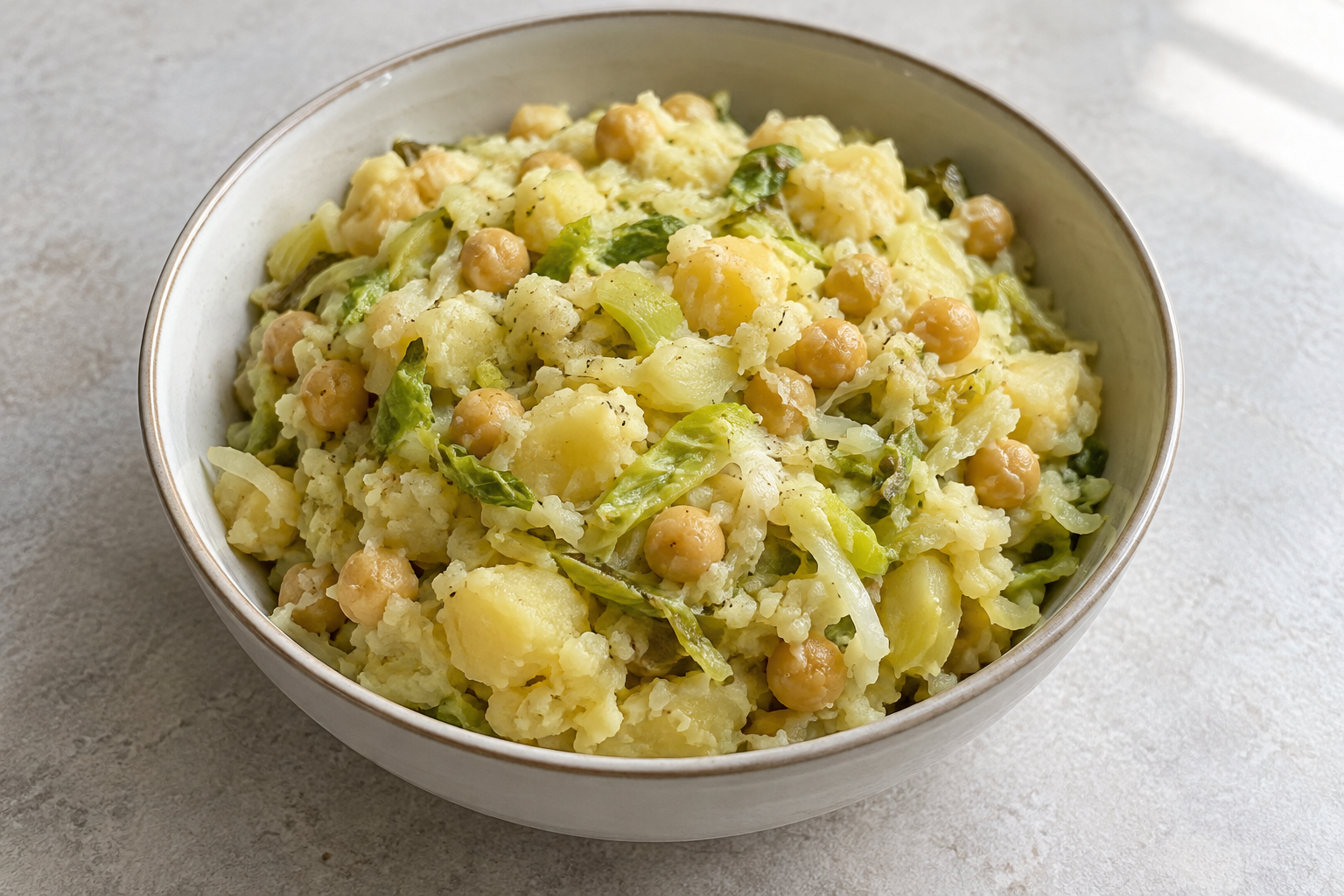 Potato, leek and cabbage mash with chickpeas — finished-dish illustration