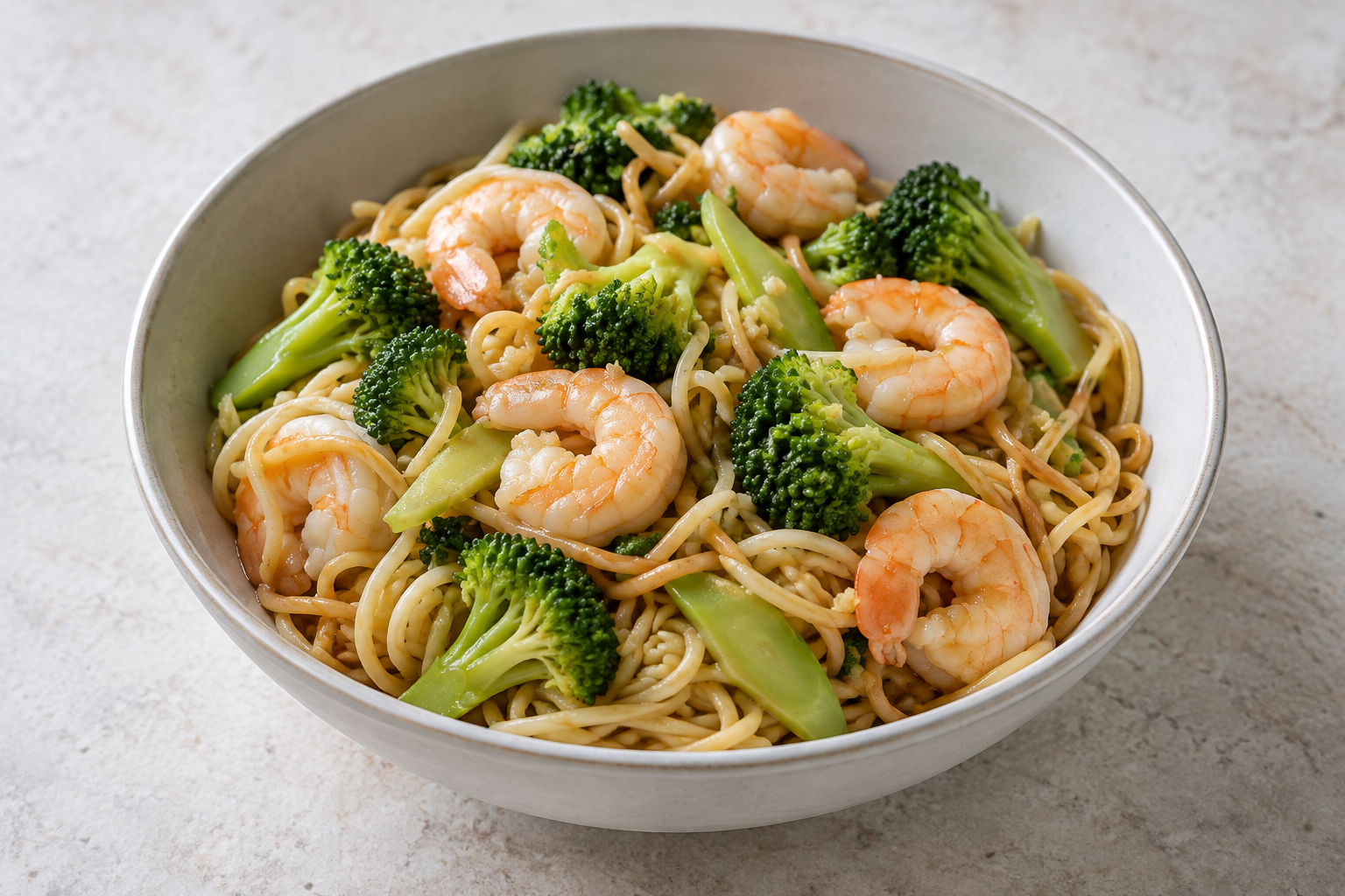Prawn and broccoli noodles — finished-dish illustration