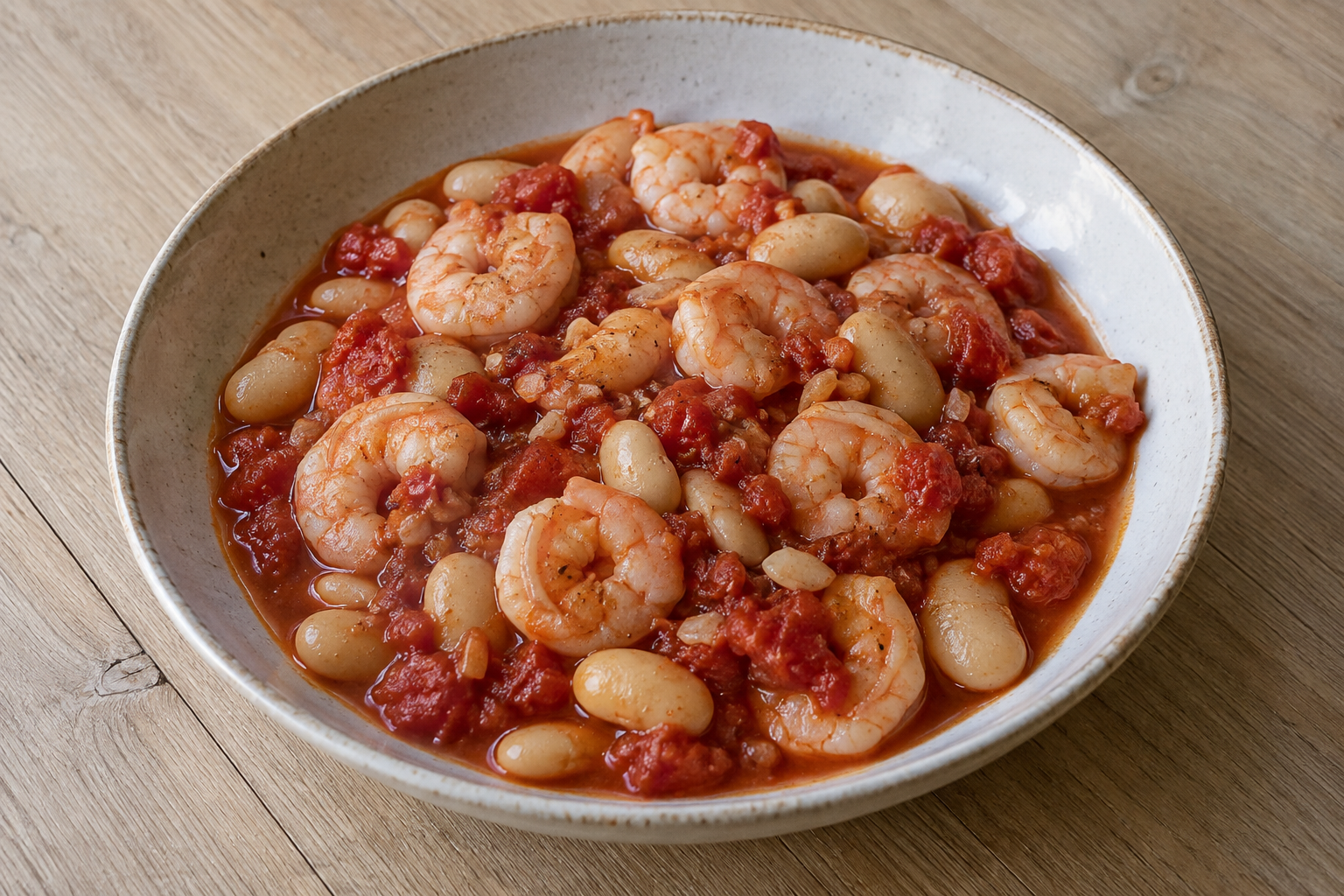 Prawn, tomato and butter bean pan — finished-dish illustration