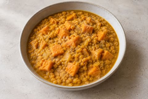 Red lentil and sweet potato dhal — finished-dish illustration