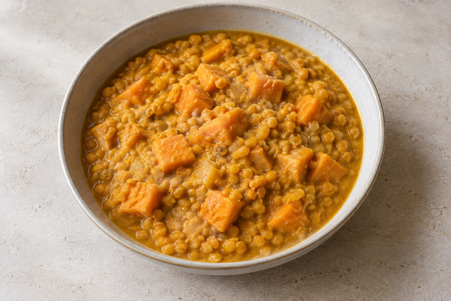 Red lentil and sweet potato dhal — finished-dish illustration