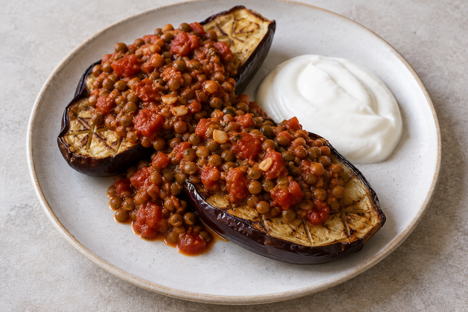 Roast aubergine with lentils and yoghurt — finished-dish illustration