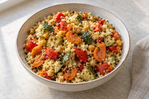 Roast vegetable couscous bowl — finished-dish illustration