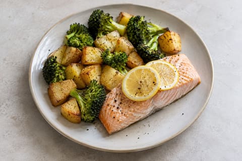 Salmon and broccoli potato traybake — finished-dish illustration