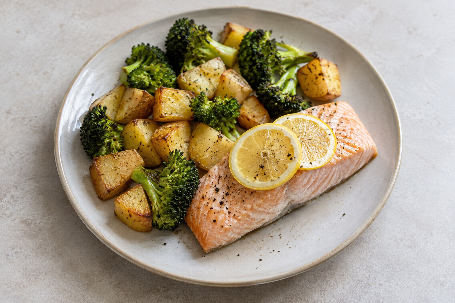 Salmon and broccoli potato traybake — finished-dish illustration