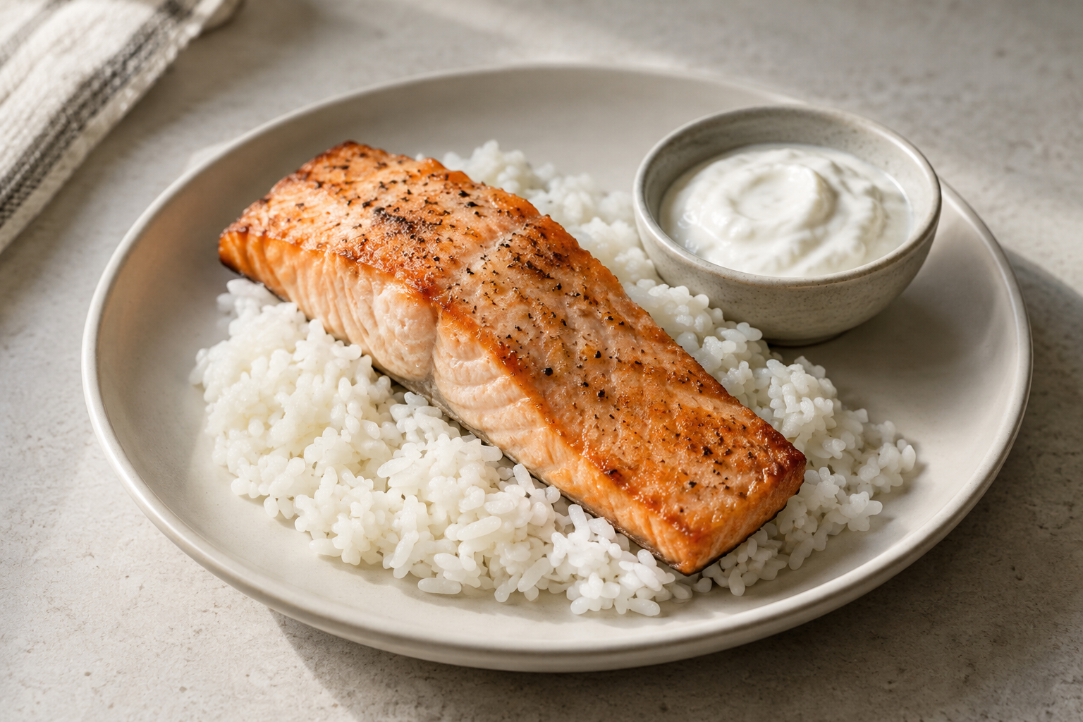Salmon rice with yoghurt sauce — finished-dish illustration