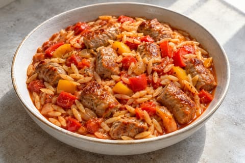 Sausage, pepper and tomato orzo — finished-dish illustration