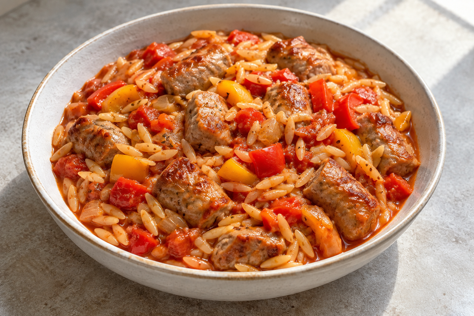 Sausage, pepper and tomato orzo — finished-dish illustration