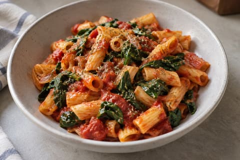 Tomato and spinach pasta — finished-dish illustration