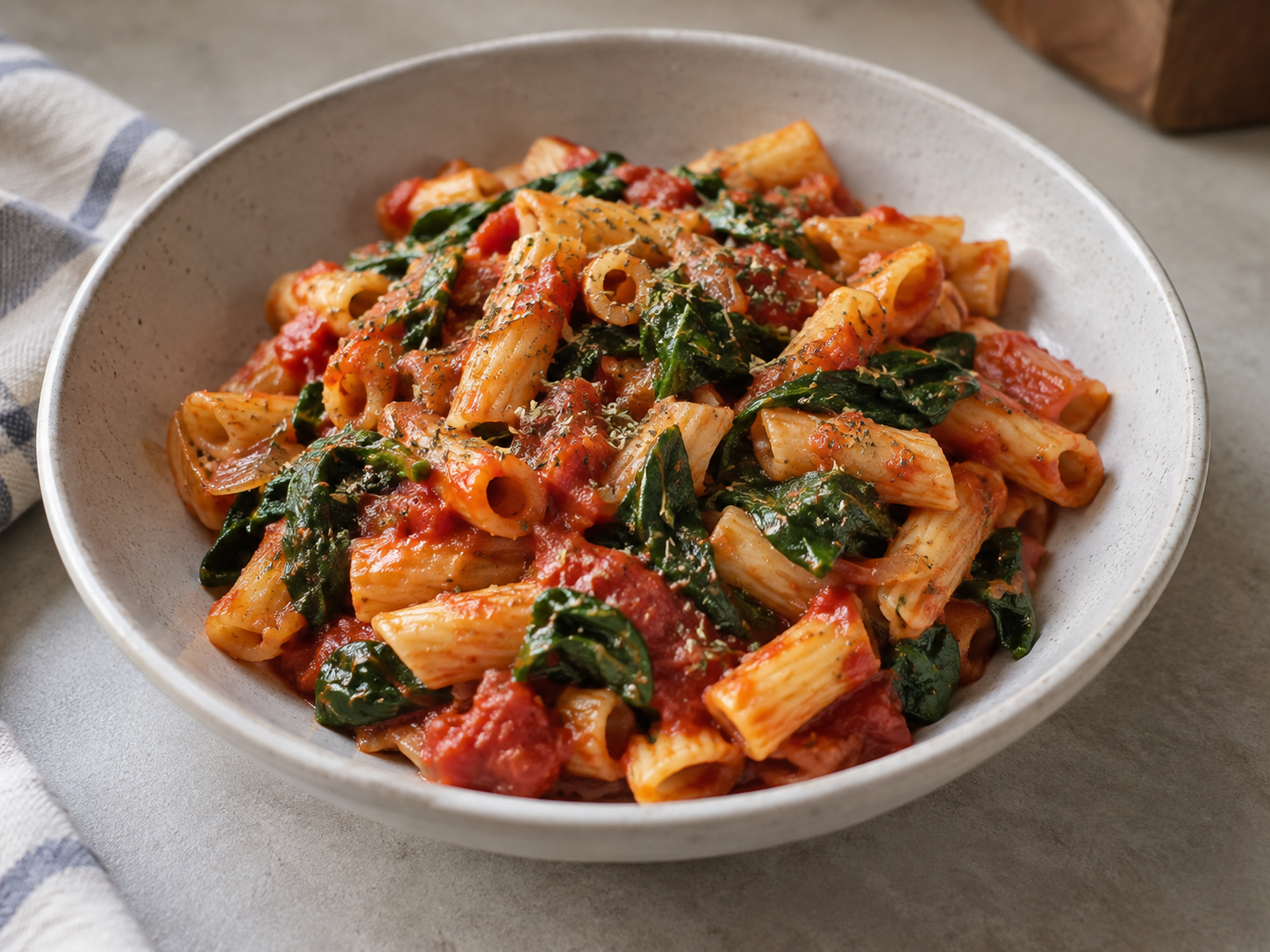 Tomato and spinach pasta — finished-dish illustration
