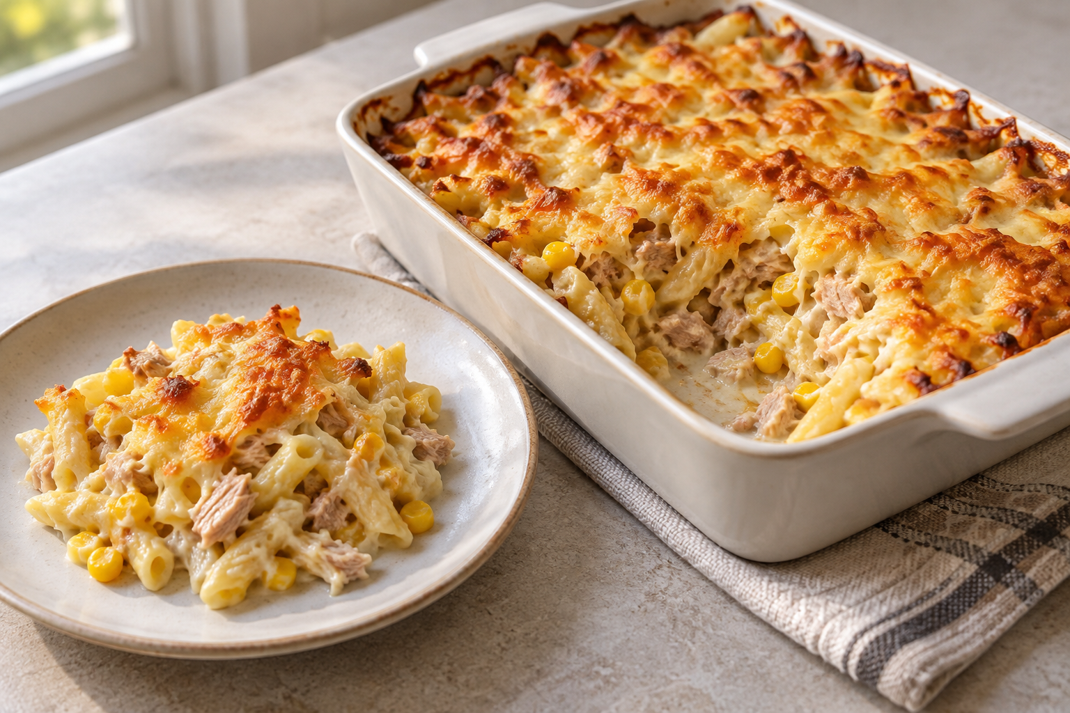 Tuna and sweetcorn pasta bake — finished-dish illustration