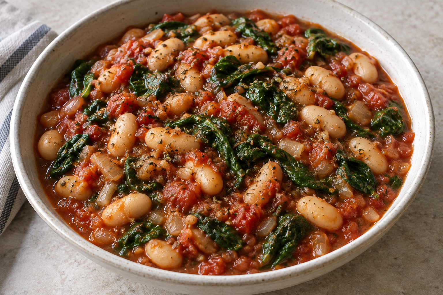 White bean, spinach and tomato stew — finished-dish illustration
